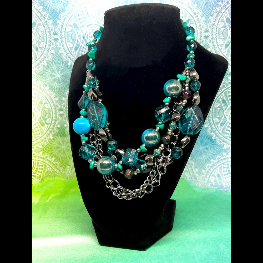 5 Strand Turquoise Blues & Green Acrylic Resin Beading Necklace